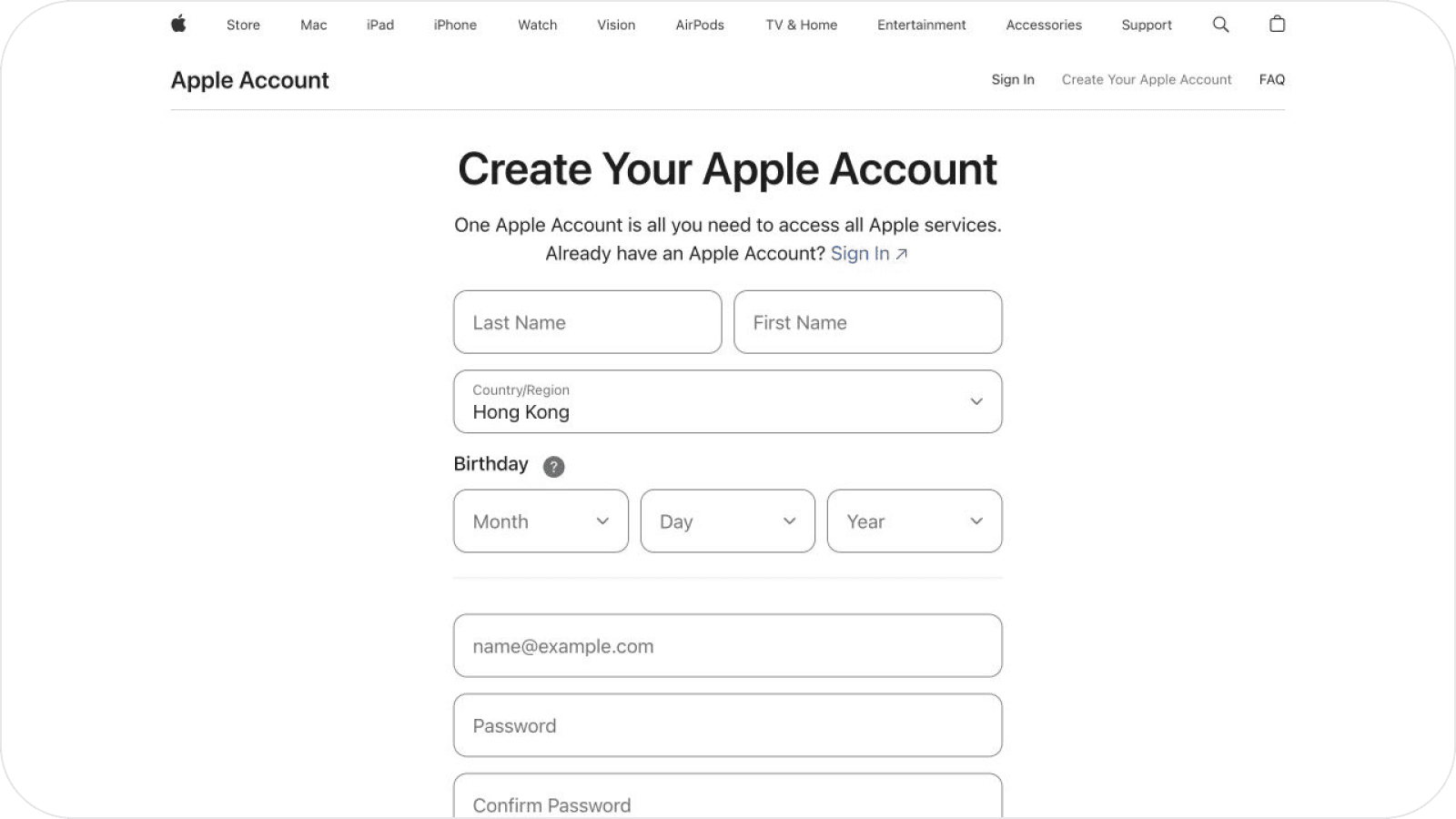 Real Apple Account registration page with Hong Kong selected as the country or region.