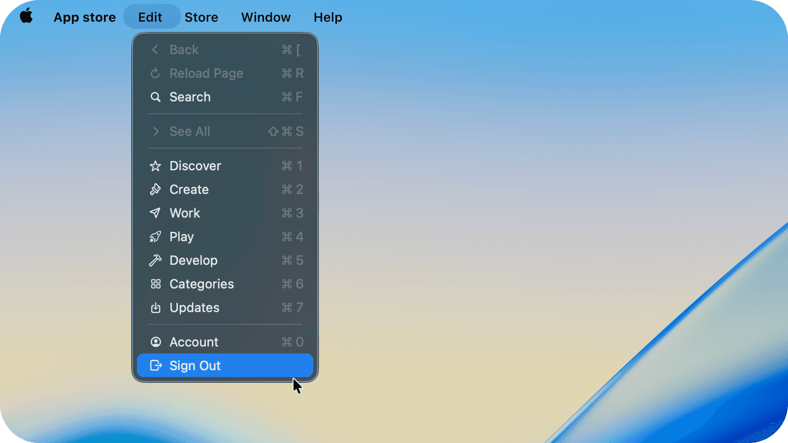 Real macOS App Store screenshot showing Store > Sign Out.