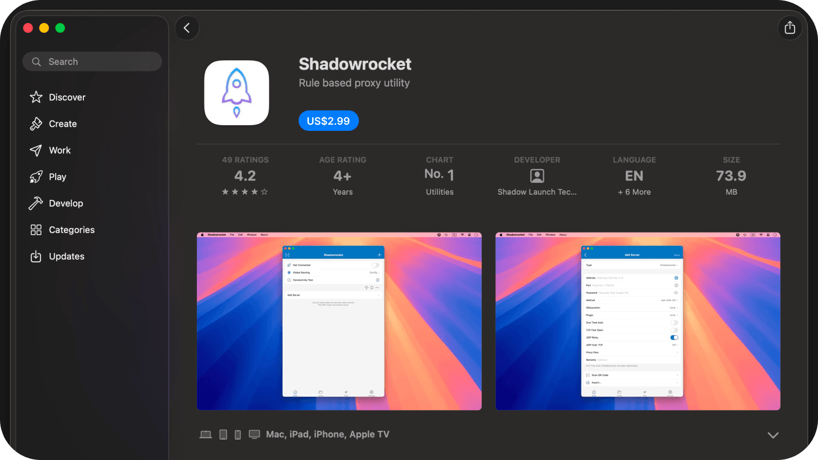Shadowrocket Mac App Store product page showing the app and developer.